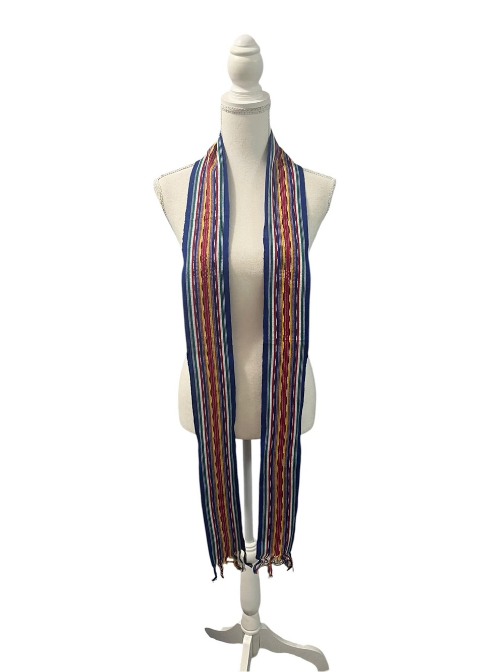 Artisan Woven Multicolored Vertical Stripes Scarf Sash Belt Fringe Guatemala